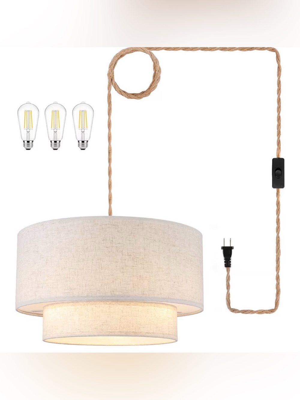 18” Plug In Pendant Light 2-Tier Linen Drum Shade Hemp Rope 15FT Cord w/Bulbs